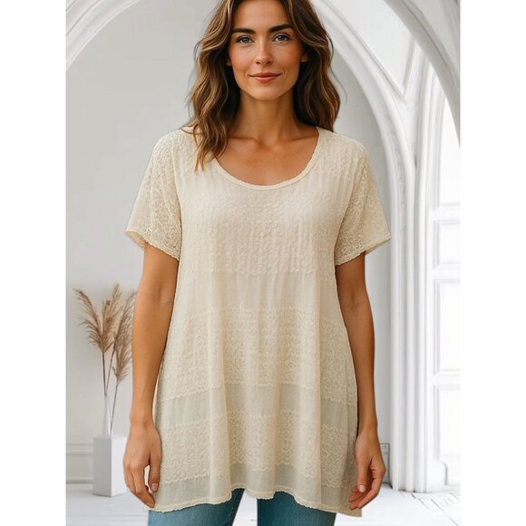 Free People Dresses & Skirts - Free People Ivory Lace Tunic Top M Cotton Blend Womens Boho Sheer Short Sleeve